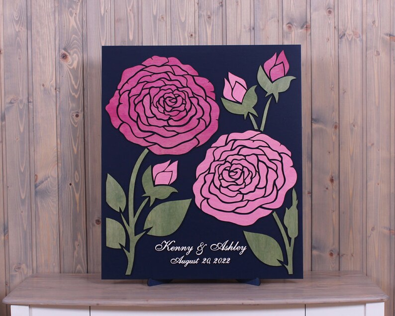 Wedding guest book alternative 3D flower sign Roses Petals Custom colors guest book Unique pink navy personalized guestbook Wooden sign in image 2