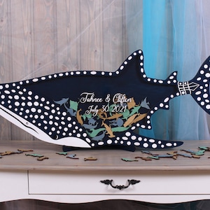 Whale shark drop box Custom wedding guest book alternative Sign in sea animals Nautical beach wedding theme Wood shadow box DARK BLUE COLORS