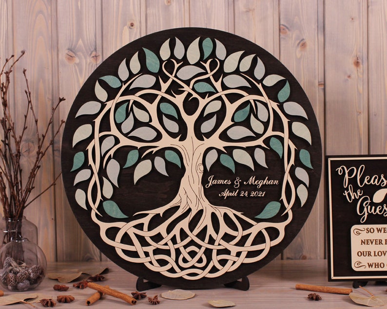 Celtic Round Tree of Life Wedding guest book alternative CUSTOM ORDER 3d wood guestbook Round wall sign Personalized wedding Sage green 