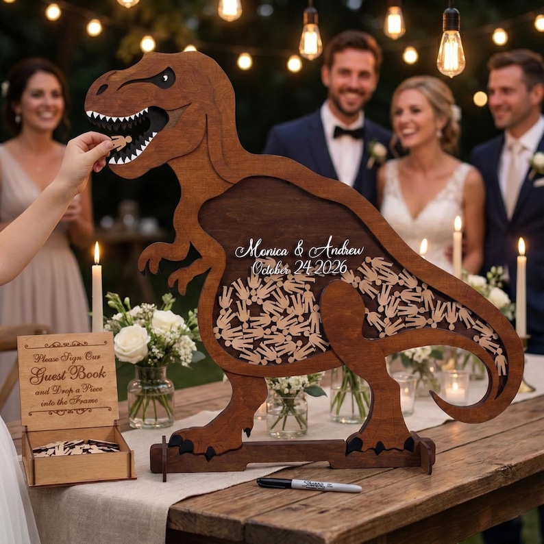 May include: A wooden dinosaur-shaped guest book with the names "Monica & Andrew" and the date "October 24 2026" engraved on it. The dinosaur's mouth holds small wooden pieces. A sign reads "Please Sign Our Guest Book and Drop a Piece into the Frame."
