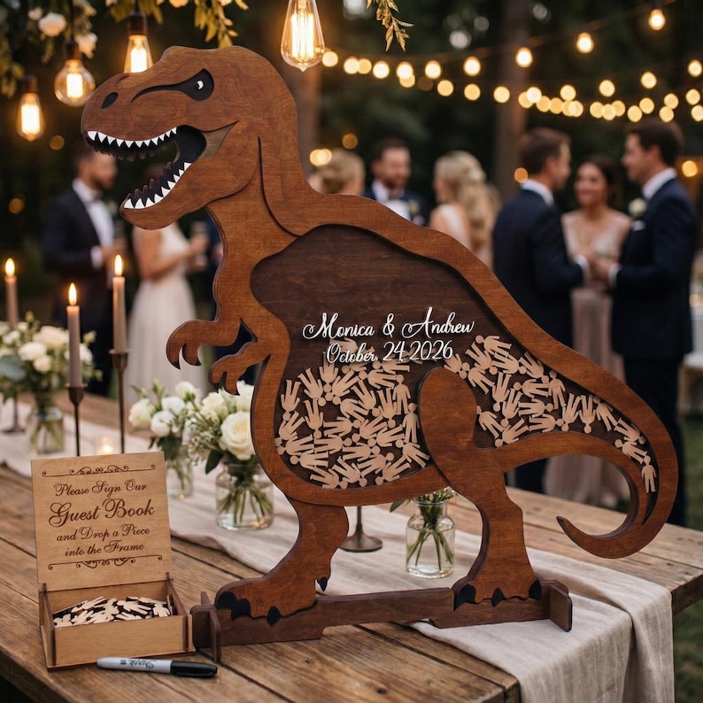 May include: A large, wooden Tyrannosaurus Rex-shaped guest book alternative. The dinosaur has a dark brown finish with a cutout interior filled with small wooden figures. The text "Monica & Andrew October 24 2026" is displayed on the dinosaur. A sign reads "Please Sign Our Guest Book and Drop a Piece into the Frame."