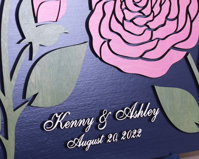 Wedding guest book alternative 3D flower sign Roses Petals Custom colors guest book Unique pink navy personalized guestbook Wooden sign in image 4