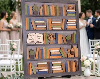 Library Wedding Guest Book Alternative, Wooden Magnetic Bookshelf Decor