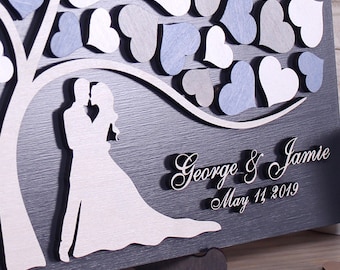 Custom wedding guest book alternative Tree of hearts 3d guestbook wooden sign Personalized rustic wedding gift ideas Blue and Grey
