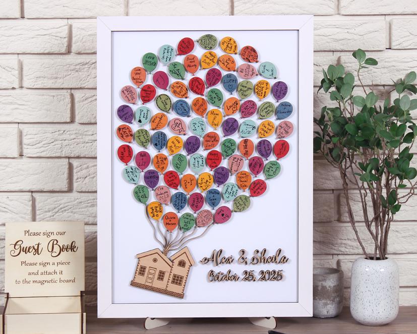 Custom Magnetic Guest Book - Up House with Balloons, Wedding Guest Book Alternative, Unique Sign-in Book for Wedding, Anniversary Birthday