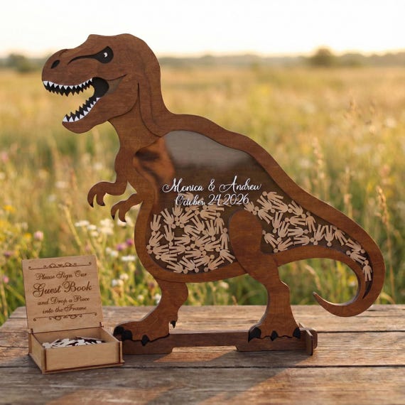 Dinosaur Wedding Guest Book Alternative, T-Rex Drop Box, Jurassic Wedding Theme, Custom Wood Guestbook, Fun Reception Decor