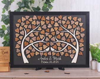 Custom Magnetic Wedding Guestbook – Rustic Tree with Wooden Hearts – Personalized Family Tree Decor
