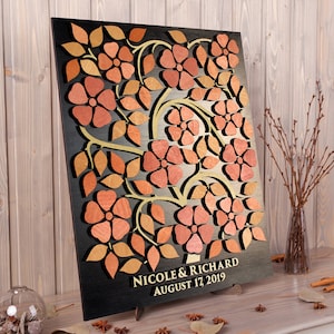Boho wedding guest book alternative wood 3d wedding guestbook Flover ornament Rustic décor Peach сustom sign in book Bridal shower gift