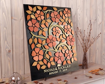 Boho wedding guest book alternative wood 3d wedding guestbook Flover ornament Rustic décor Peach сustom sign in book Bridal shower gift