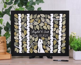 Magnetic wedding guestbook alternative Wooden pieces for wishes Couple in a birch grove Unique wedding guest book Custom wood sign