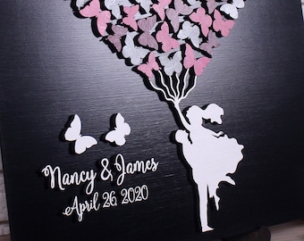 Custom wedding guest book 3d alternative guestbook Butterflies shape of heart Wood wedding sign Anniversary Bridal shower gift for Couple