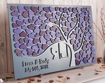 Custom wedding guest book alternative Purple wedding theme ideas 3d guestbook wooden sign Tree with Birds Personalized rustic wedding board