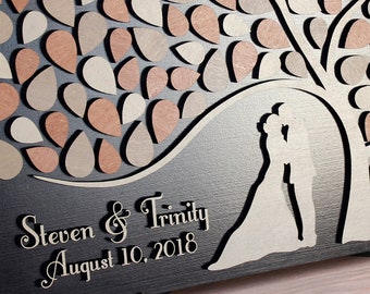 Custom wedding guest book alternative Tree of leaves 3d guestbook wooden sign Personalized rustic wedding gift ideas Couple silhouette