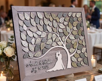 Alternativa al libro degli ospiti magnetico per matrimonio, foglie verde salvia, albero della vita rustico, decorazioni per matrimoni all'aperto, libro degli ospiti in legno 3D per anniversario