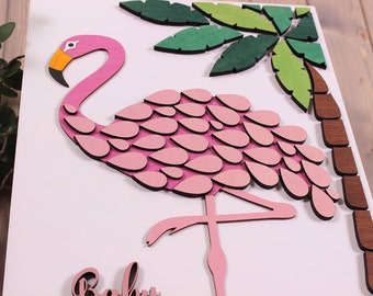 Personalised flamingo Guestbook 3D Wood baby shower guest book alternative wishes on feathers Baby Girl Flamingo tropical Sign in