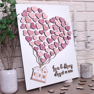 UP house movie inspired Custom wedding guest book alternative 3d wedding guestbook Wood wedding sign in book Flying house with pink hearts