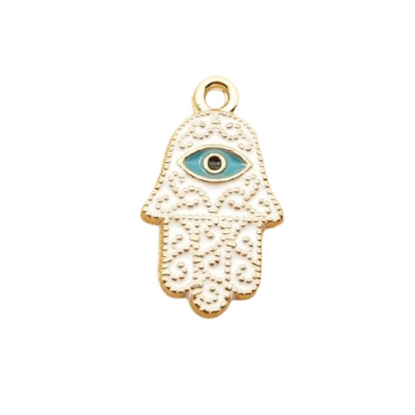 White Enamel Hamsa w/ Evil Eye Charm