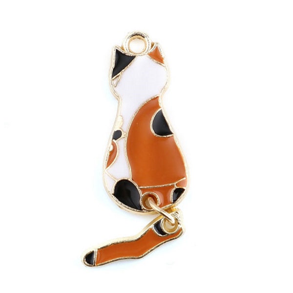 Enameled Calico Cat w/ Movable Tail Charm