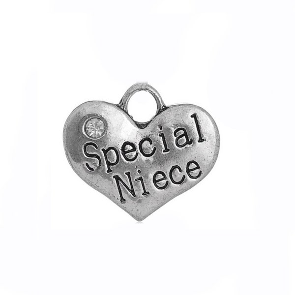 3D Special Niece Heart Charm w/ Clear Crystal