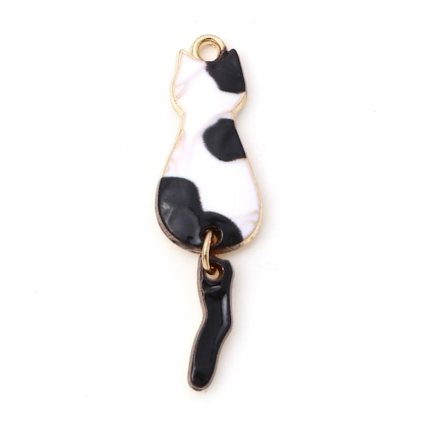 Enameled Black and White Cat w/ Movable Tail Charm