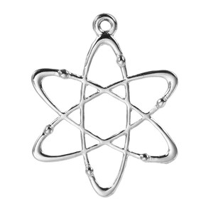 May include: Silver charm in the shape of an atom, a symbol of science and knowledge.