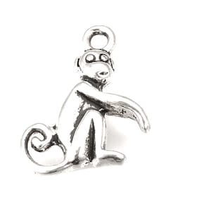 May include: Silver charm of a monkey sitting with its tail curled around its legs. The monkey has a loop at the top for attaching to a bracelet or necklace.