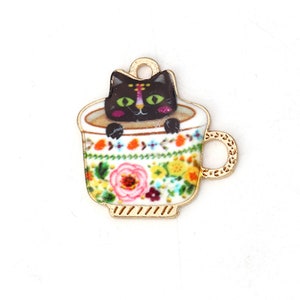 Enameled Cat in Flower Cup Charm