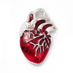 May include: A silver-toned pendant in the shape of a human heart. The heart is detailed with red enamel, showcasing the anatomical features. The top has a loop for attaching to a chain or cord. The pendant is a unique piece of jewelry.