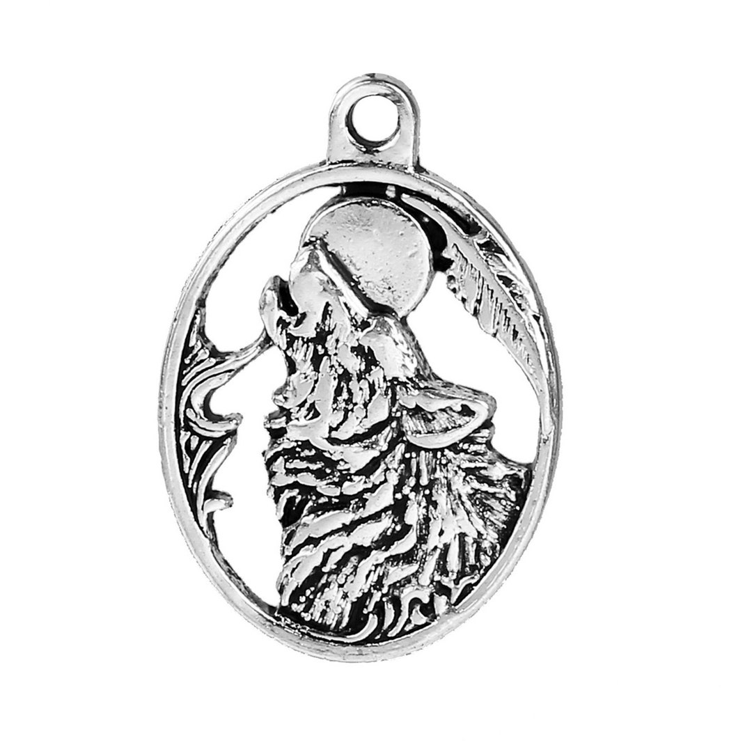 thumbnail image 2 of Antiqued Sterling Silver Howling Wolf Hobo Coin Round Charm Pendant Necklace 2 of 6