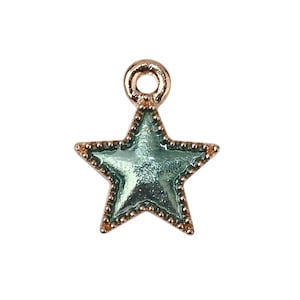May include: A gold-tone star charm with a teal blue enamel finish. The star has a beaded edge and a loop at the top for attaching to jewelry.