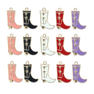 May include: Set of 18 gold-tone metal charms shaped like cowboy boots in various colors, including pink, black, white, red, and purple.