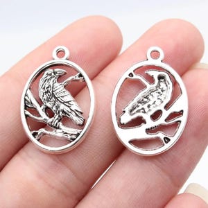 May include: Two silver-colored raven charms. Each charm features a raven perched on a branch within an oval frame. The charms have a loop at the top for attaching to jewelry or other crafts. The raven is detailed.