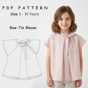 Puede incluir: Una niña con una blusa rosa claro con lazo. La imagen también muestra un dibujo lineal de la blusa, con el texto "PDF PATTERN, Size 3 - 10 Years, Bow-Tie Blouse."