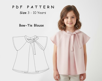 May include: A young girl wearing a light pink bow-tie blouse. The image also shows a line drawing of the blouse, with the text "PDF PATTERN, Size 3 - 10 Years, Bow-Tie Blouse."