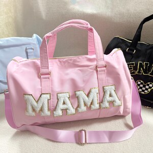 Bolsa de lona con parches cosidos, bolsa de lona de nailon personalizada, parche de letras de chenilla, bolsa de viaje personalizada para pasar la noche, bolsa de lona para gimnasio, bolsa de lona personalizable para viajes de fin de semana