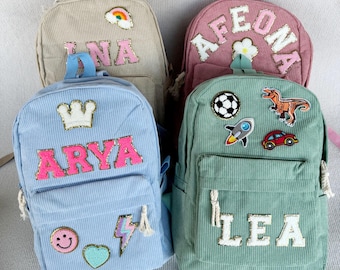 Personalized Corduroy Kids Backpack: Chenille Alphabet Patch School Bag