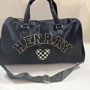 Bolsa de lona personalizada, bolsa de lona de nailon con parche de letras de chenilla, bolsa de viaje personalizada, bolsa de lona para gimnasio de fin de semana personalizable cosida
