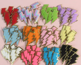 Chenille Lightning Bolt Iron On Patch: Gold Glitter Trim