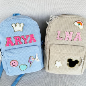 Sac à dos personnalisé en velours côtelé avec nom, cartable personnalisé avec patch alphabet chenille, cartable personnalisé en velours côtelé pour enfants