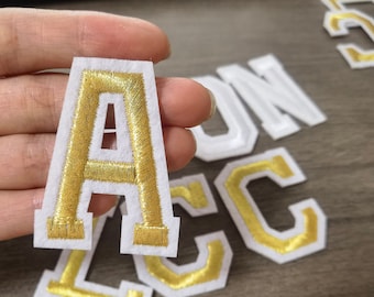 Embroidered Chenille Letter Patch: Gold Glitter Iron-On Applique