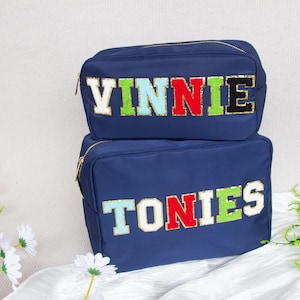 Bolsa de nailon extragrande personalizada, bolsa de maquillaje con parche de chenilla personalizado, bolsas de artículos de tocador de viaje, bolsa de cosméticos, bolsa de regalo, regalo de dama de honor cosido