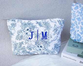 Personalized Floral Quilted Makeup Bag: Embroidered Cotton Cosmetic Pouch