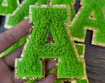 Green Chenille Letter Patch: Embroidered Iron-On Applique (3.15 inch)