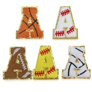 Futebol/beisebol/softbol/basquete glitter chenille bordado remendo A-Z, remendo do alfabeto do brilho, ferro em remendos, remendo das letras da bola