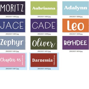 May include: A collection of 15 personalized name tags with various colors and fonts. The names include Mattias, Moritz, Aubrianna, Adalynn, Jonah, Andrew, Jace, Cade, Leo, Laure, Hadley, Zephyr, Oliver, Bohdee, and Chapter 45.