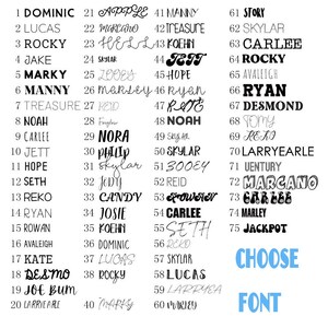 May include: A colorful chart with a list of 60 names, including Dominic, Lucas, Rocky, Jake, Marky, Manny, Treasure, Noah, Carlee, Jett, Hope, Seth, Reko, Ryan, Rowan, Avaleigh, Kate, Desmo, Joe Bum, Larryearle, Apple, Marcano, Hell, Skylar, 200ey, Marley, Keid, Foxglour, Nora, Philip, Jody, Candy, Josie, Koehn, Dominic, Lucas, Rocky, Marky, Manny, Treasure, Rate, Noah, Skylar, 300ey, Reid, Rowan, Carlee, Seth, Reko, Skylar, Lucas, Larryea, Marley, Story, Skylar, Carlee, Rocky, Avaleigh, Ryan, Desmond, Tomy, Reko, Larryearle, Uentury, Marcano, Carlee, Marley, Jackpot. The chart has the words "Choose Font" at the bottom.