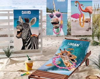 Funny Animals Personalized Beach Towel: Custom Name Microfiber Towel