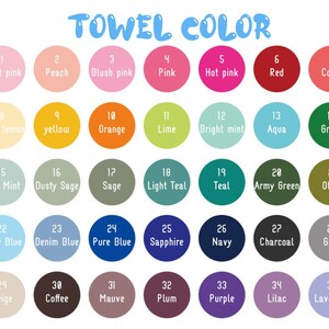 May include: A chart showing 35 different towel colors, with each color represented by a circle and labeled with a number and the color name. The colors include light pink, peach, blush pink, pink, hot pink, red, coral, light lemon, yellow, orange, lime, bright mint, aqua, green, soft mint, dusty sage, sage, light teal, teal, army green, olive, baby blue, denim blue, pure blue, sapphire, navy, charcoal, grey, beige, coffee, mauve, plum, purple, lilac, and lavender.