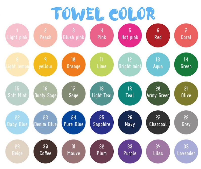 May include: A chart showing 35 different towel colors, with each color represented by a circle and labeled with a number and the color name. The colors include light pink, peach, blush pink, pink, hot pink, red, coral, light lemon, yellow, orange, lime, bright mint, aqua, green, soft mint, dusty sage, sage, light teal, teal, army green, olive, baby blue, denim blue, pure blue, sapphire, navy, charcoal, grey, beige, coffee, mauve, plum, purple, lilac, and lavender.