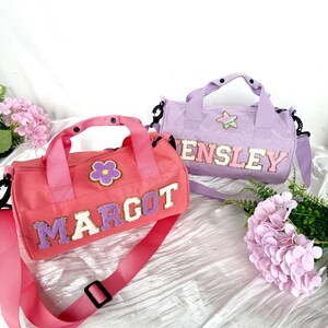 Bolsa de baile personalizada para niña, bolsa de lona con letras de chenilla/bolsa de noche para niños, bolsa de viaje, bolsa de fin de semana, bolsa de baile impermeable cosida